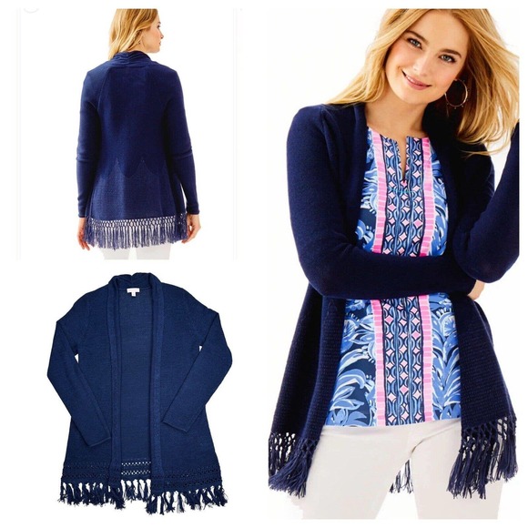 Lilly Pulitzer Sweaters - Lilly Pulitzer Tatum Fringe Open Cardigan Sweater Navy Blue Lagenlook Sz Small